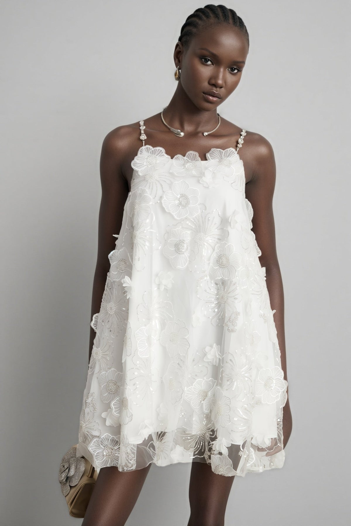 3D Floral Applique Sequin Spaghetti Strap Tulle Mini Dress - View 4