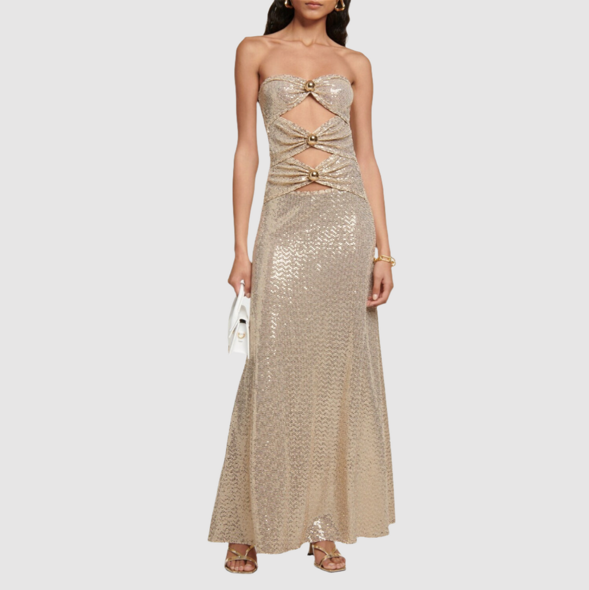 Crystal Embellished Strapless Cutout Column Gown 8