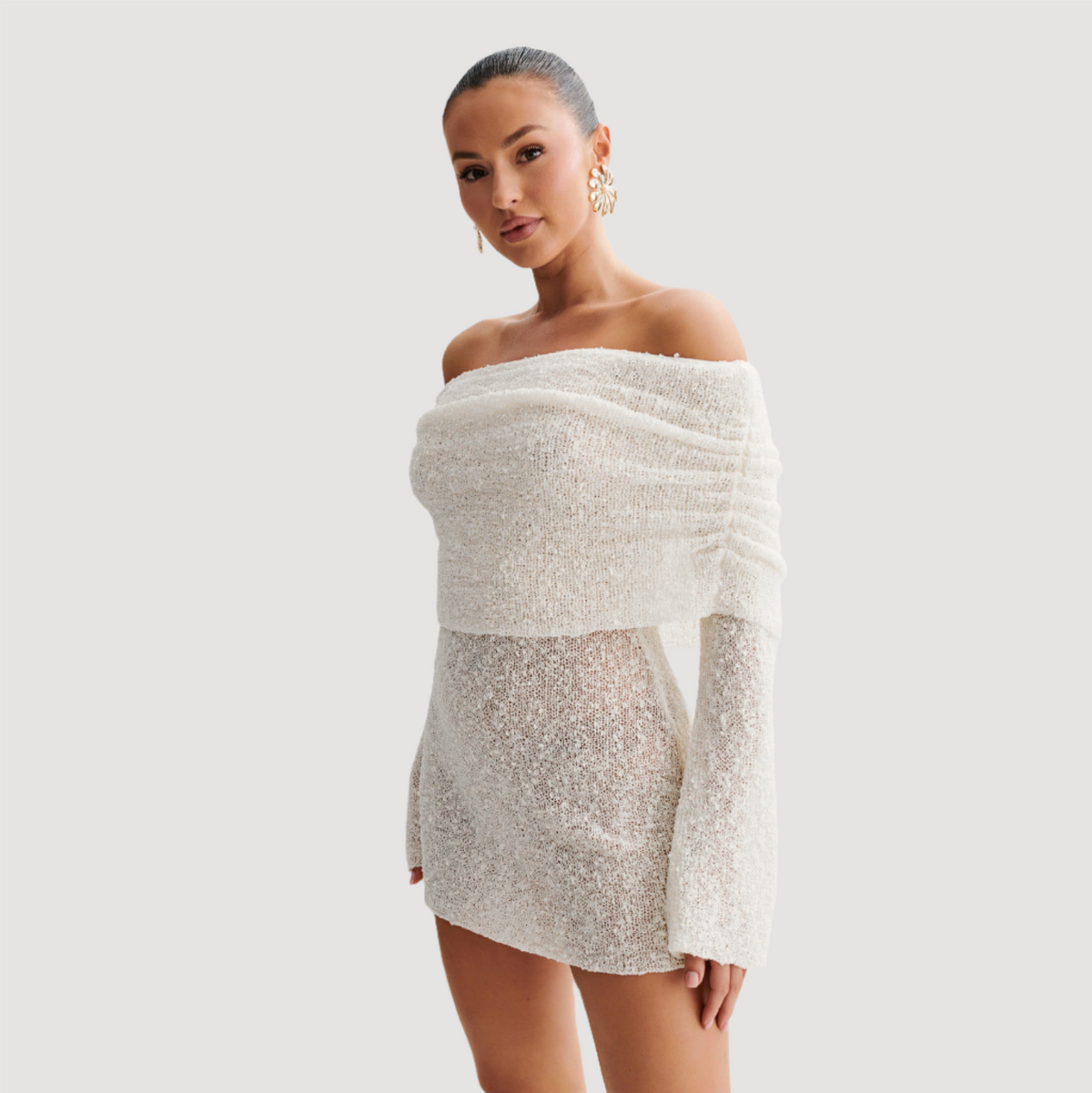 Boucle Knit Off-Shoulder Long-Sleeve Bodycon Mini Dress 11