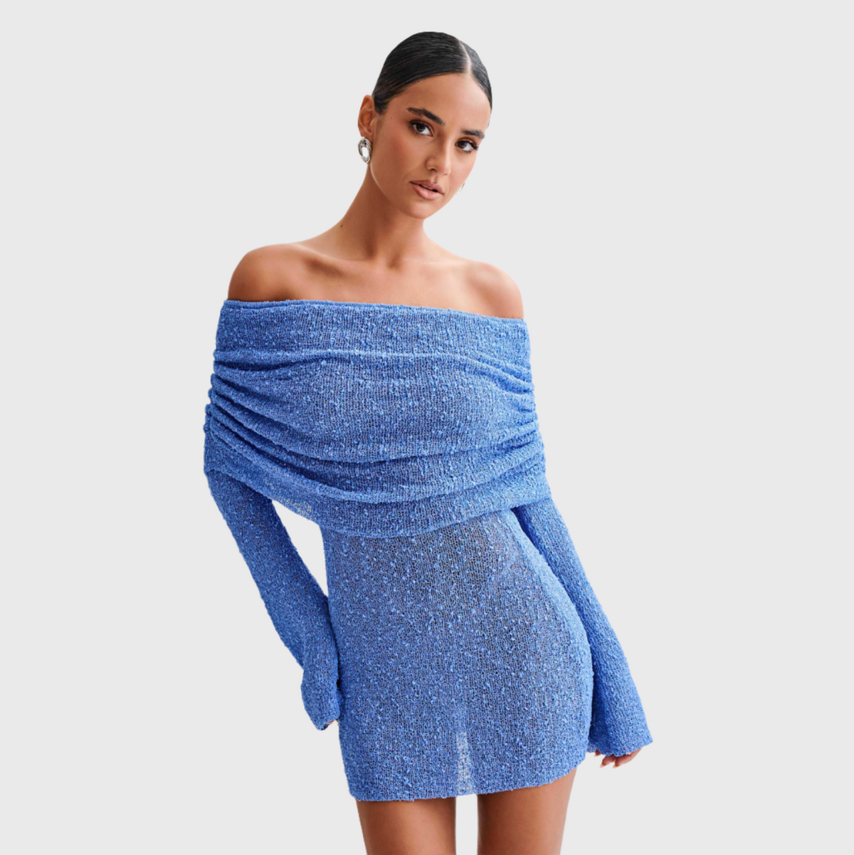 Boucle Knit Off-Shoulder Long-Sleeve Bodycon Mini Dress 9