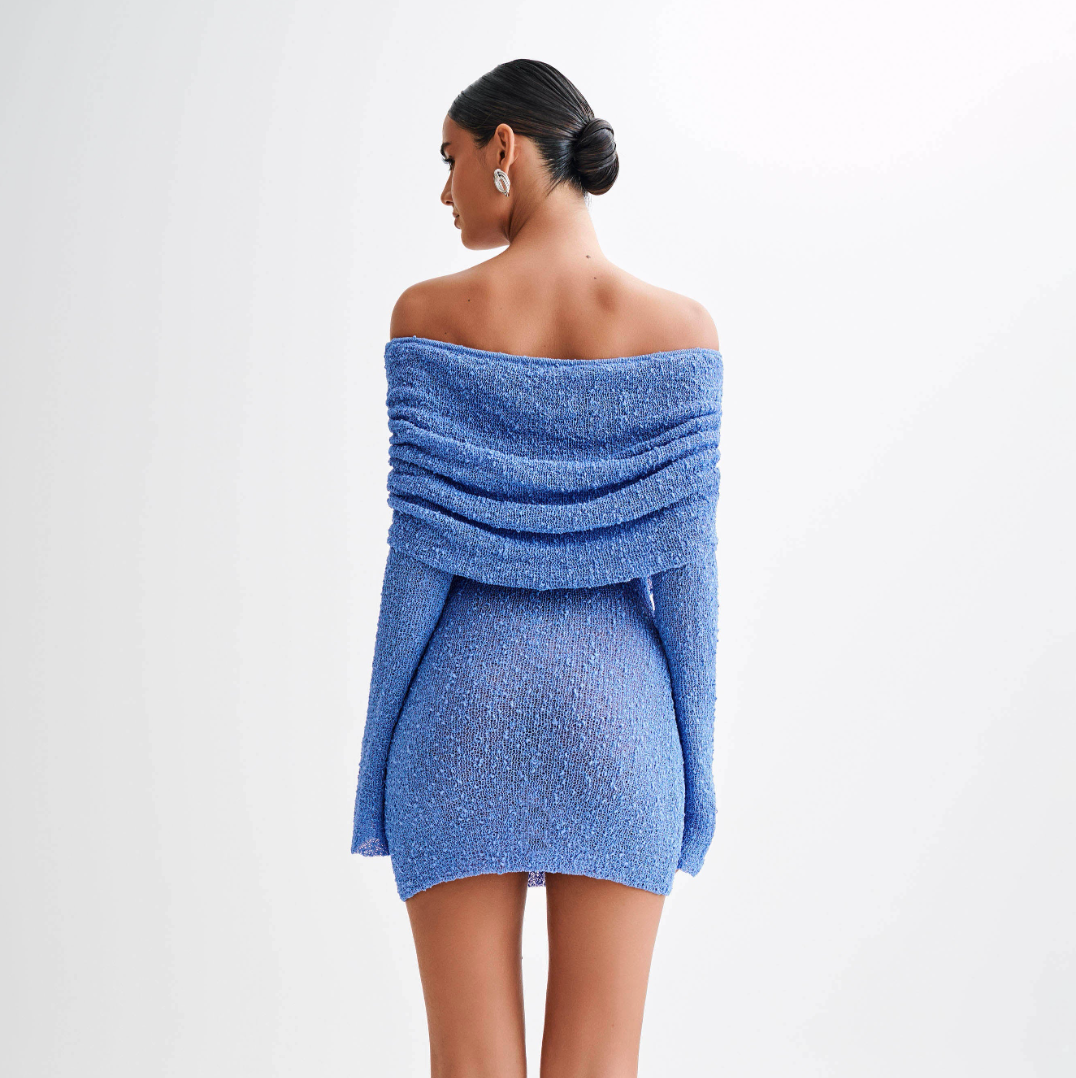 Boucle Knit Off-Shoulder Long-Sleeve Bodycon Mini Dress 10