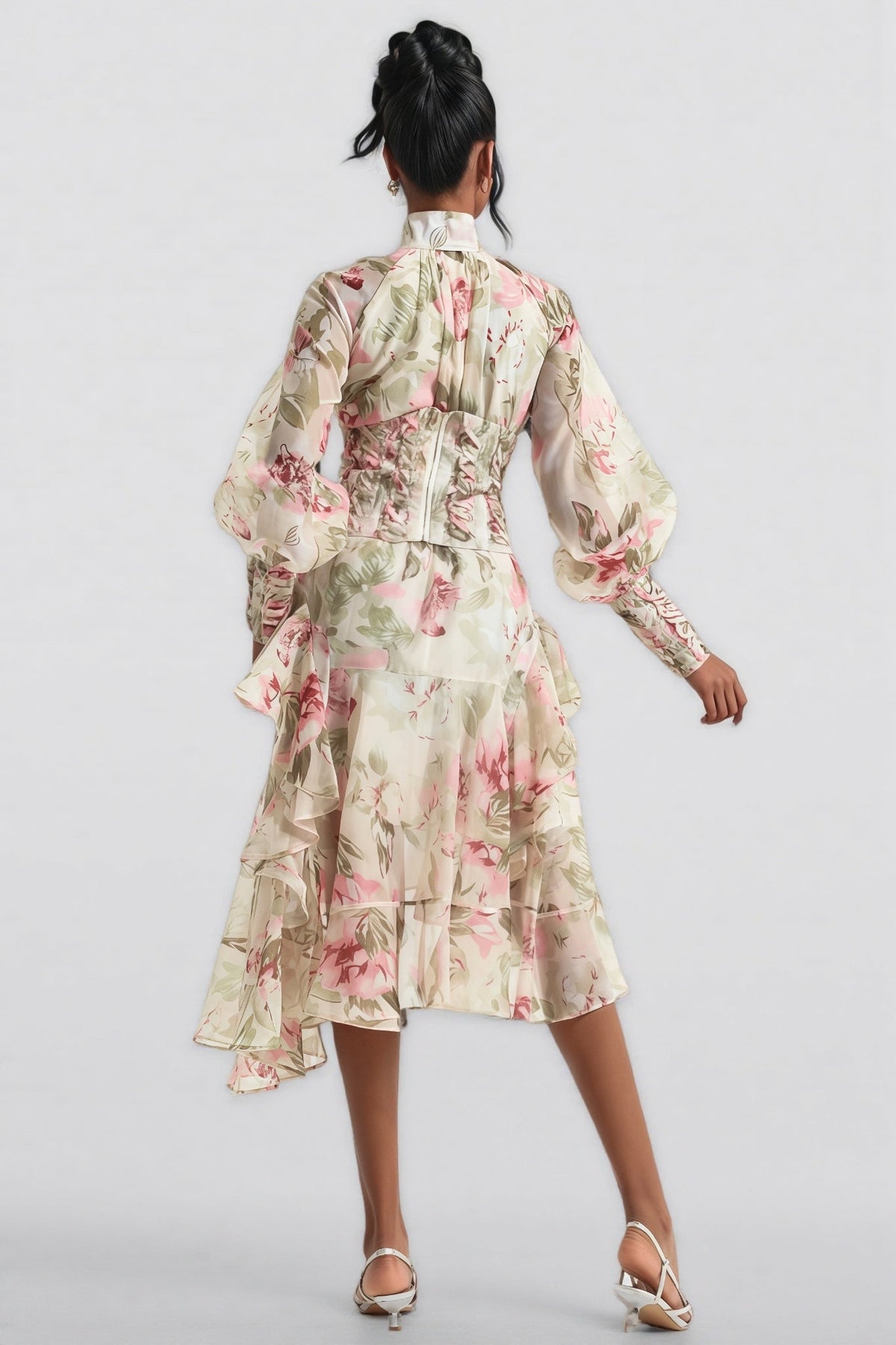 Arden Lantern Sleeve Stand Collar Mesh Midi Dress - View 6