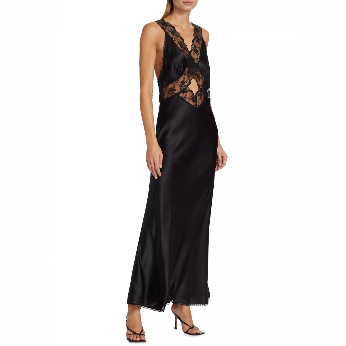 Sleeveless Lace Panel Cutout Plunge Satin Slip Dress 13