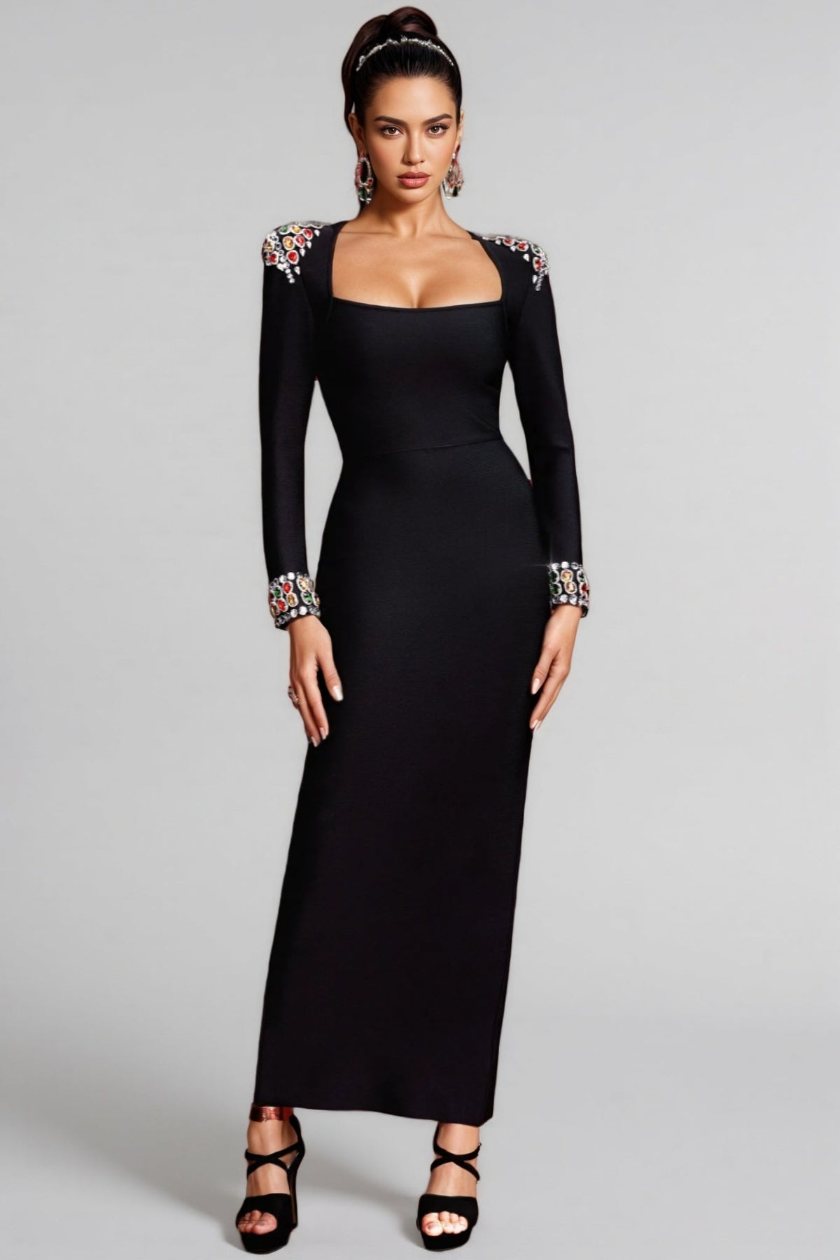 Rhinestone Shoulder Square Neck Gemstone Cuff Maxi Gown