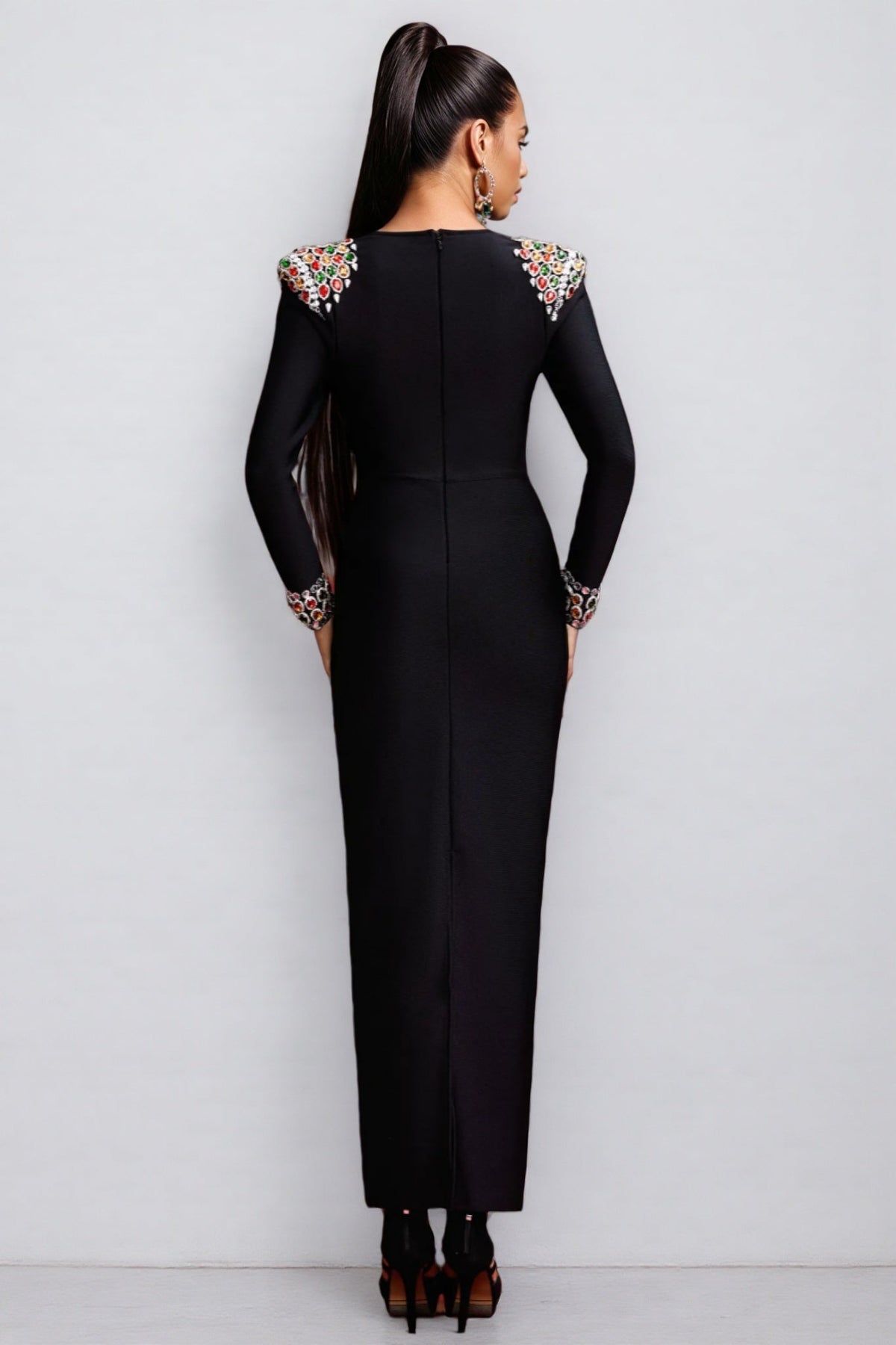 Rhinestone Shoulder Square Neck Gemstone Cuff Maxi Gown - View 4