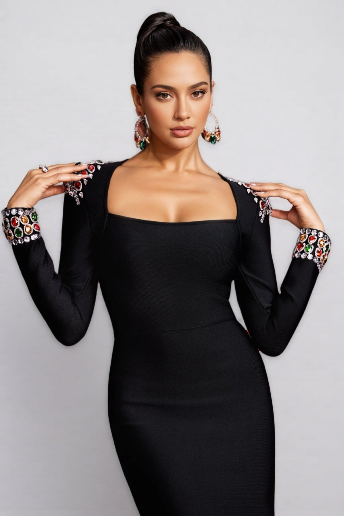 Rhinestone Shoulder Square Neck Gemstone Cuff Maxi Gown - View 2