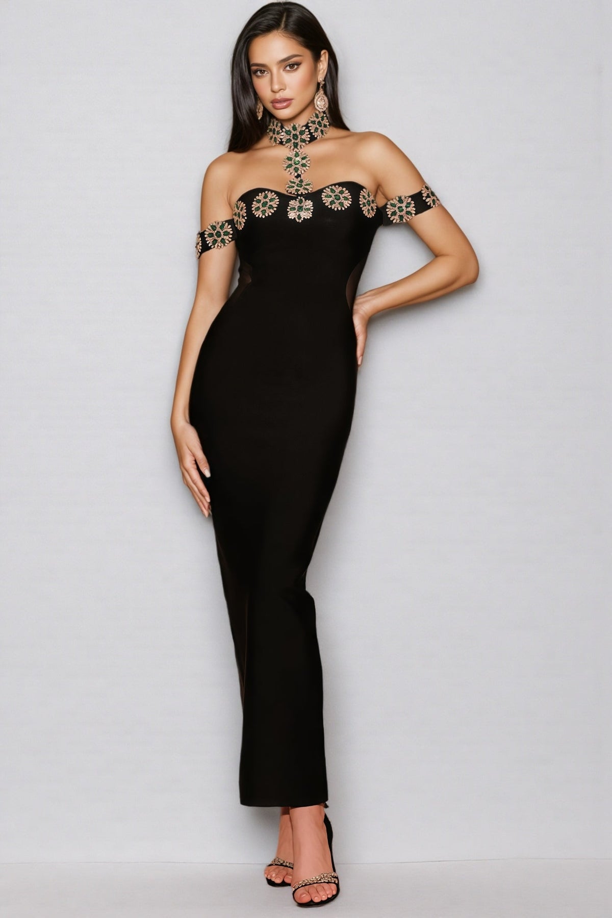 Crystal Embellished Off Shoulder Choker Neck Mesh Maxi Gown