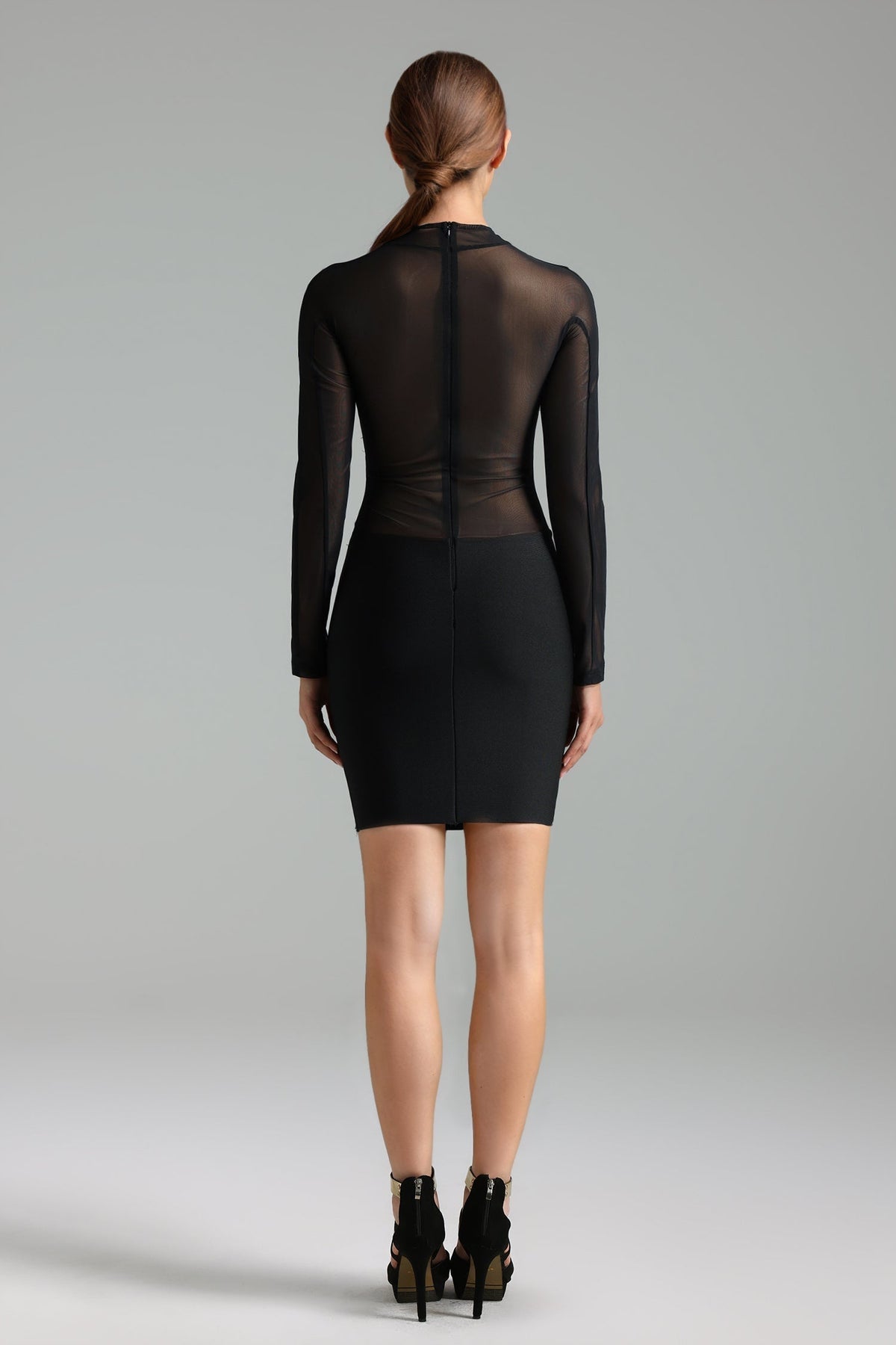 Mesh Mock Neck Long Sleeve Corset Cage Waist Cut Out Mini Dress - View 3