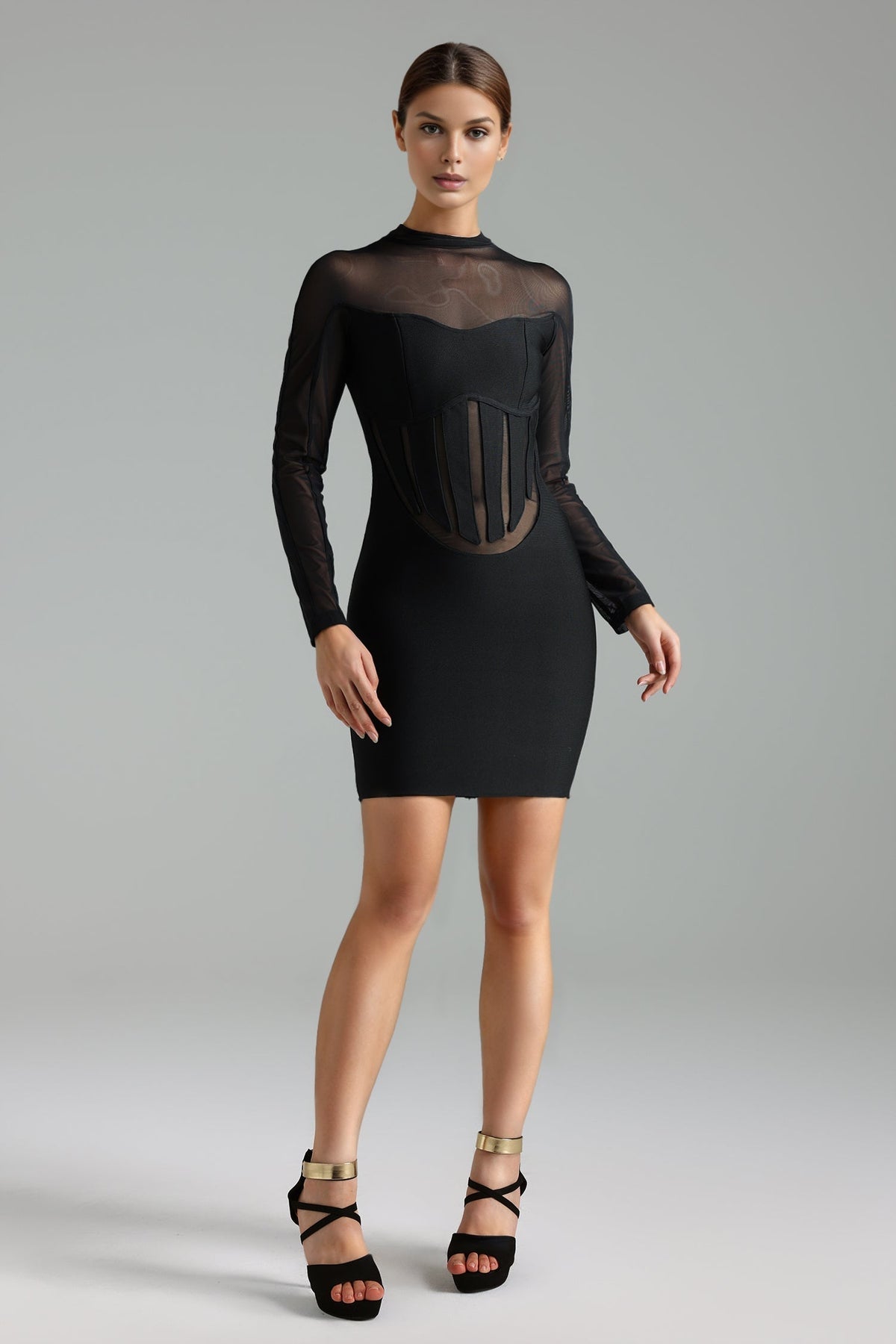 Mesh Mock Neck Long Sleeve Corset Cage Waist Cut Out Mini Dress