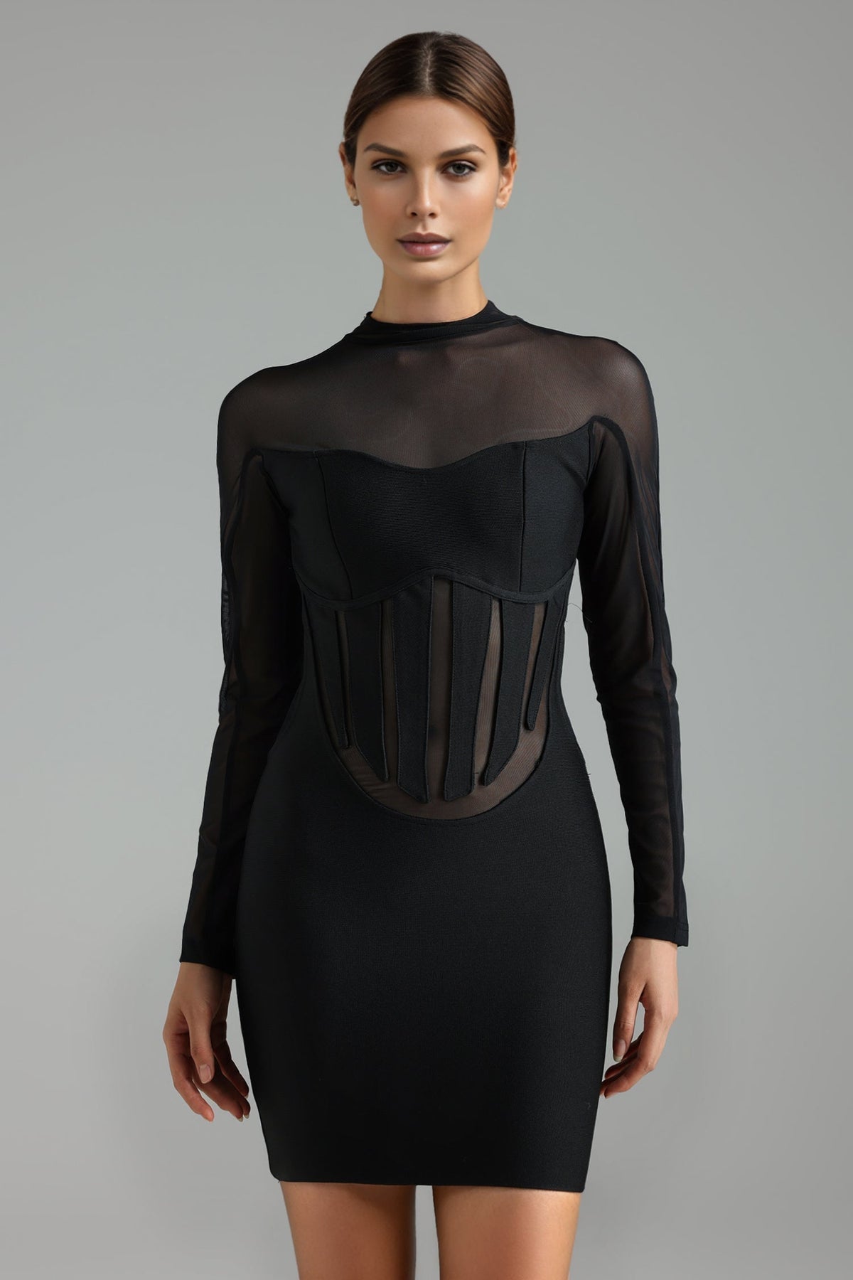 Mesh Mock Neck Long Sleeve Corset Cage Waist Cut Out Mini Dress - View 2