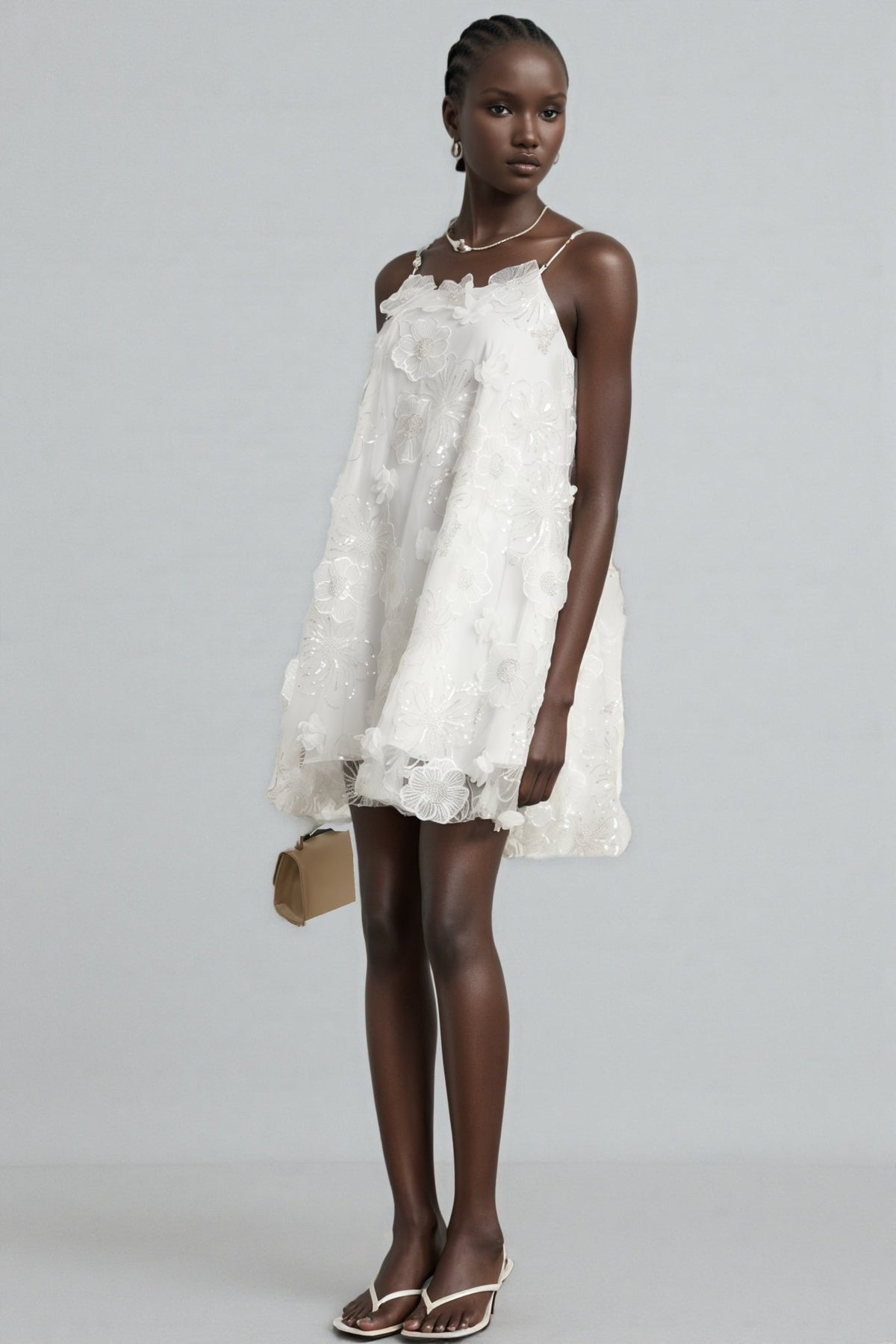 3D Floral Applique Sequin Spaghetti Strap Tulle Mini Dress - View 5