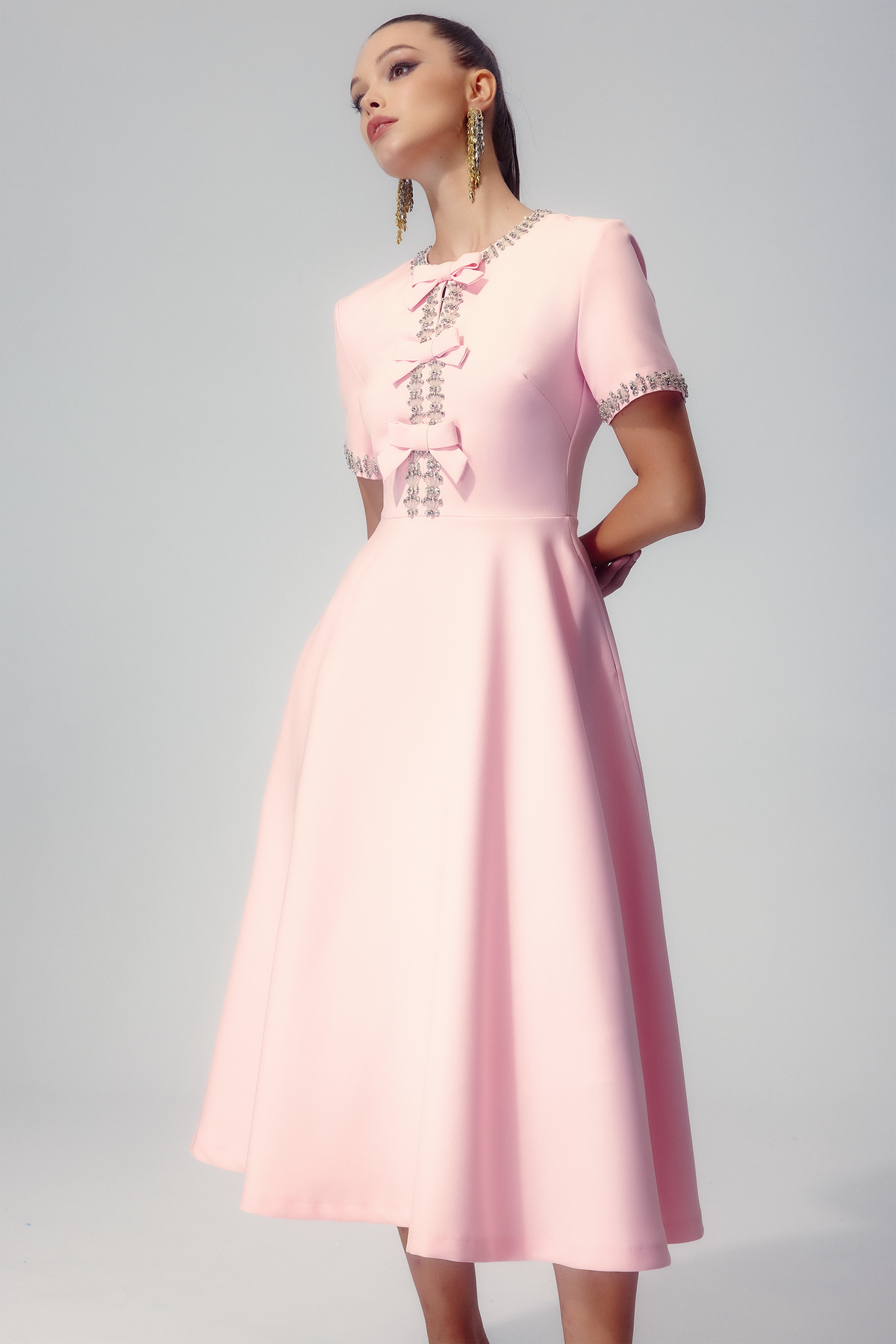 Rhinestone Trim Triple Bow Short Sleeve Round Neck A-Line Midi Dress