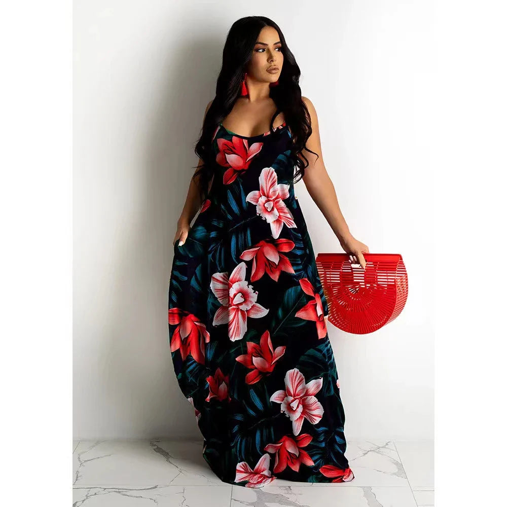 Loose Floral Print Slip Dress Long Skirt Floral Dress