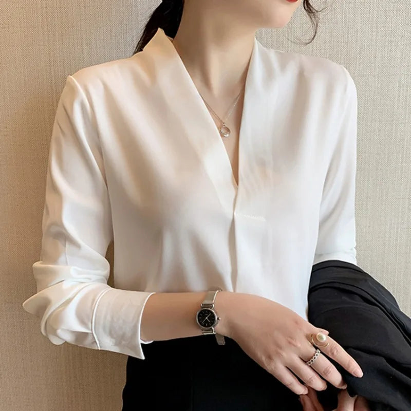 Korean Style V-neck Loose Chiffon Office Blouse