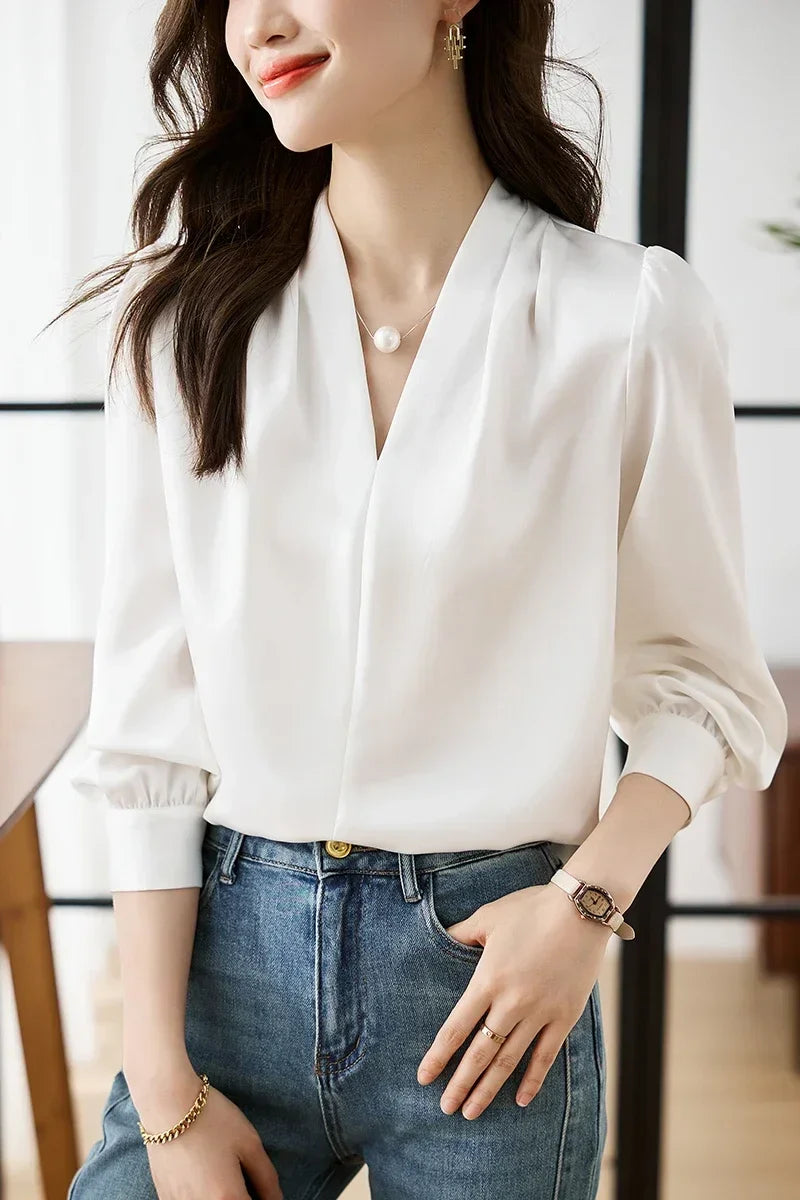 Satin Chiffon V-neck Soft Casual Blouse for Office