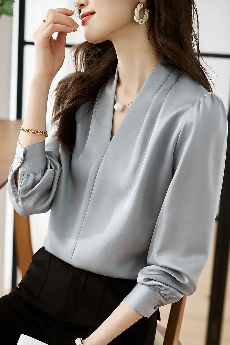 Satin Chiffon V-neck Soft Casual Blouse for Office