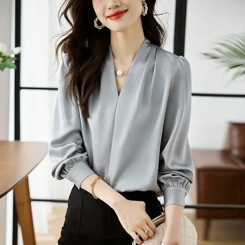Satin Chiffon V-neck Soft Casual Blouse for Office