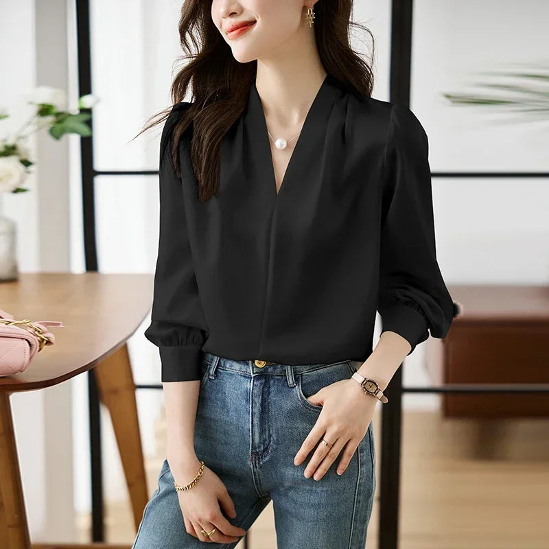 Satin Chiffon V-neck Soft Casual Blouse for Office