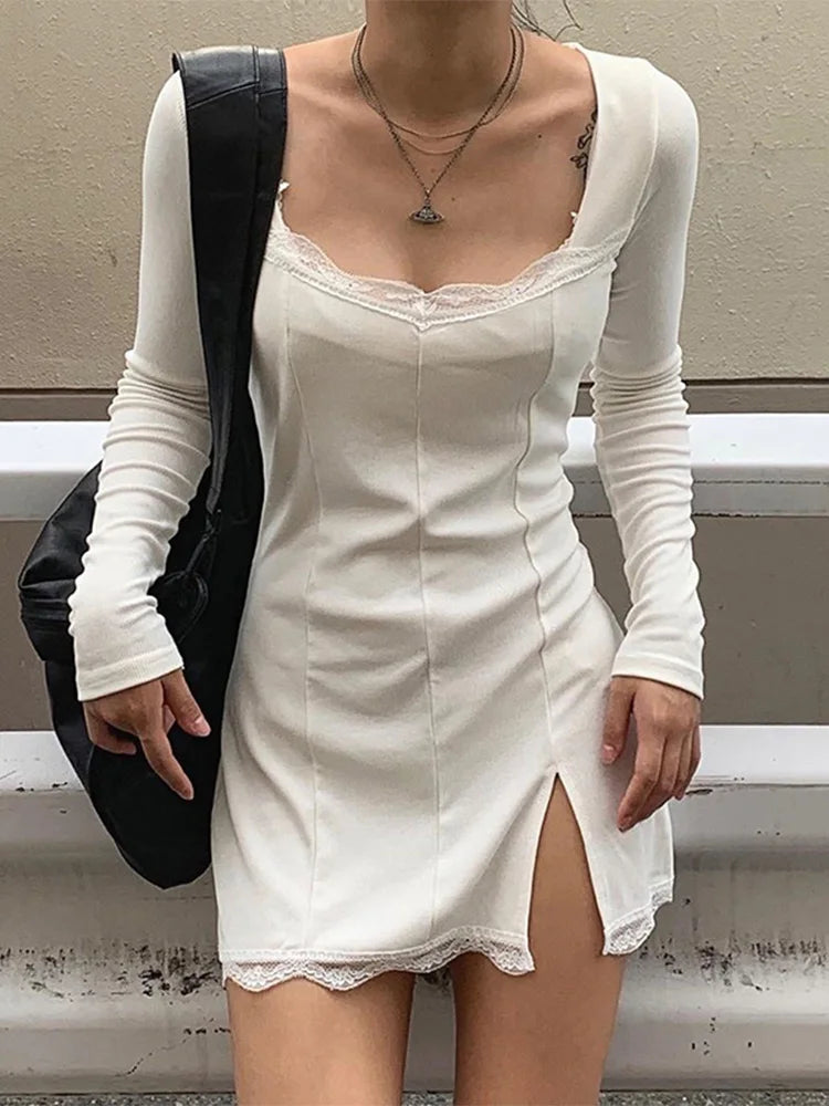 Lace-Trim Square-Neck Long-Sleeve Side-Slit Bodycon Mini Dress 6