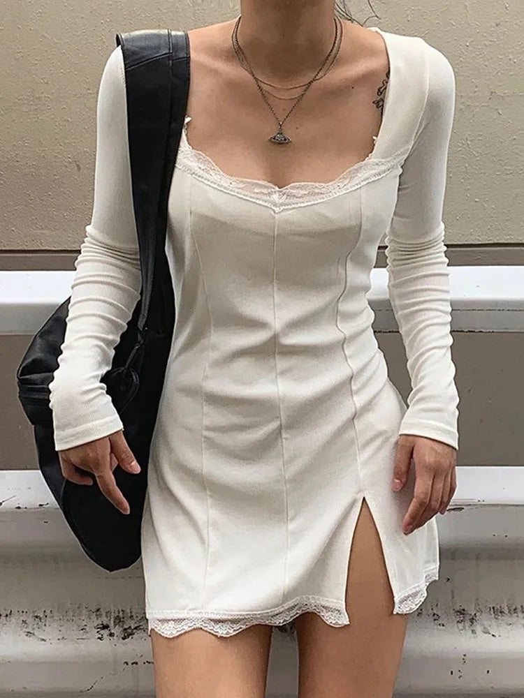 Autumn Spring Women Lace Patchwork Split Mini Low Midi Dresses - View 4