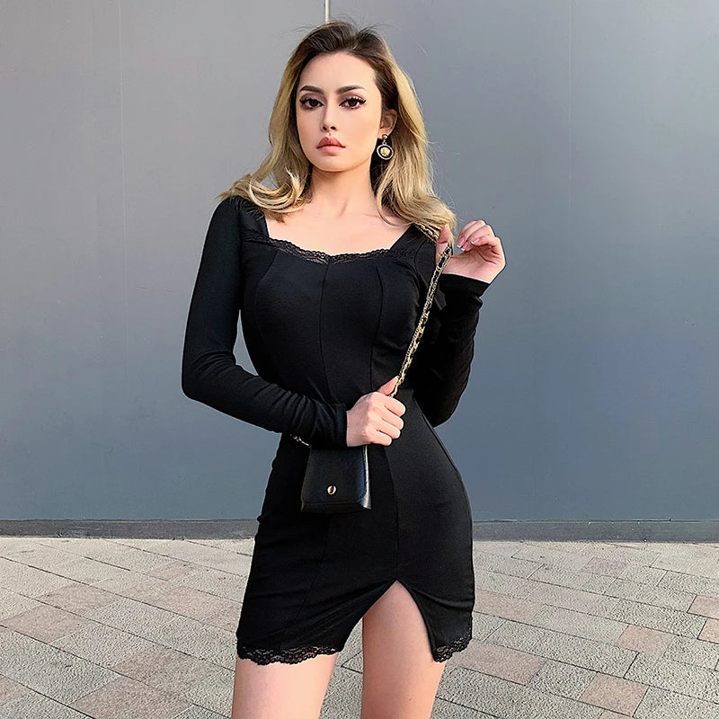 Lace-Trim Square-Neck Long-Sleeve Side-Slit Bodycon Mini Dress 4