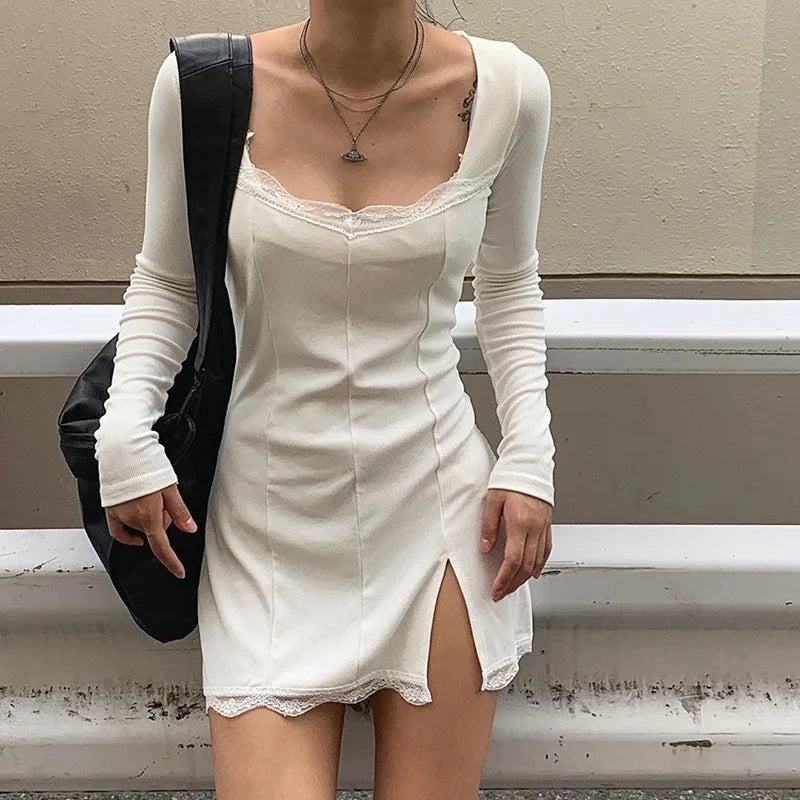 Lace-Trim Square-Neck Long-Sleeve Side-Slit Bodycon Mini Dress 3