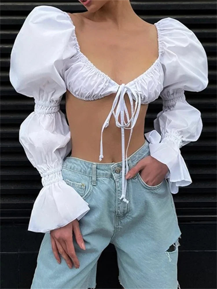 Autumn Puff Long Sleeve Square Neck Tie-up Blouse