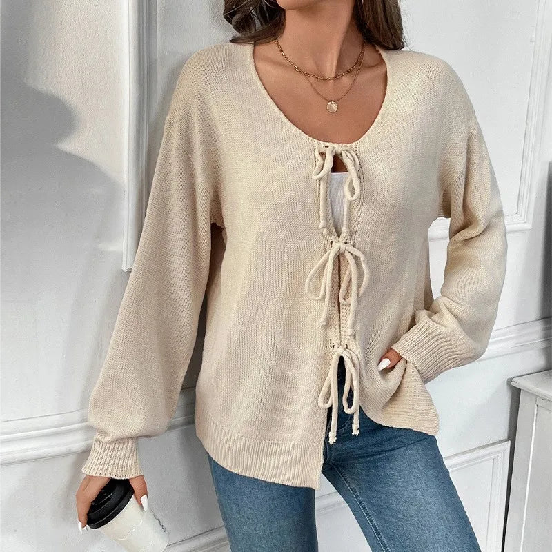 Tie-Up Round Neck Solid Sweater Coat Cardigan