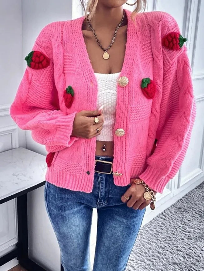 Strawberry Print Loose Fitting Knit Cardigan