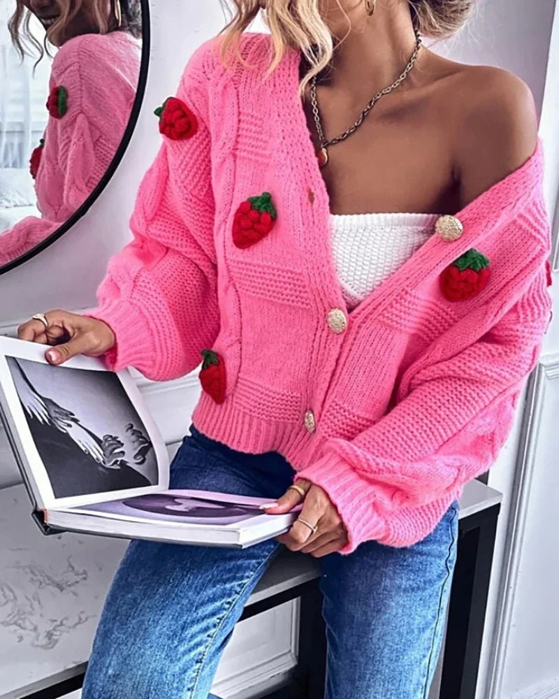 Strawberry Print Loose Fitting Knit Cardigan