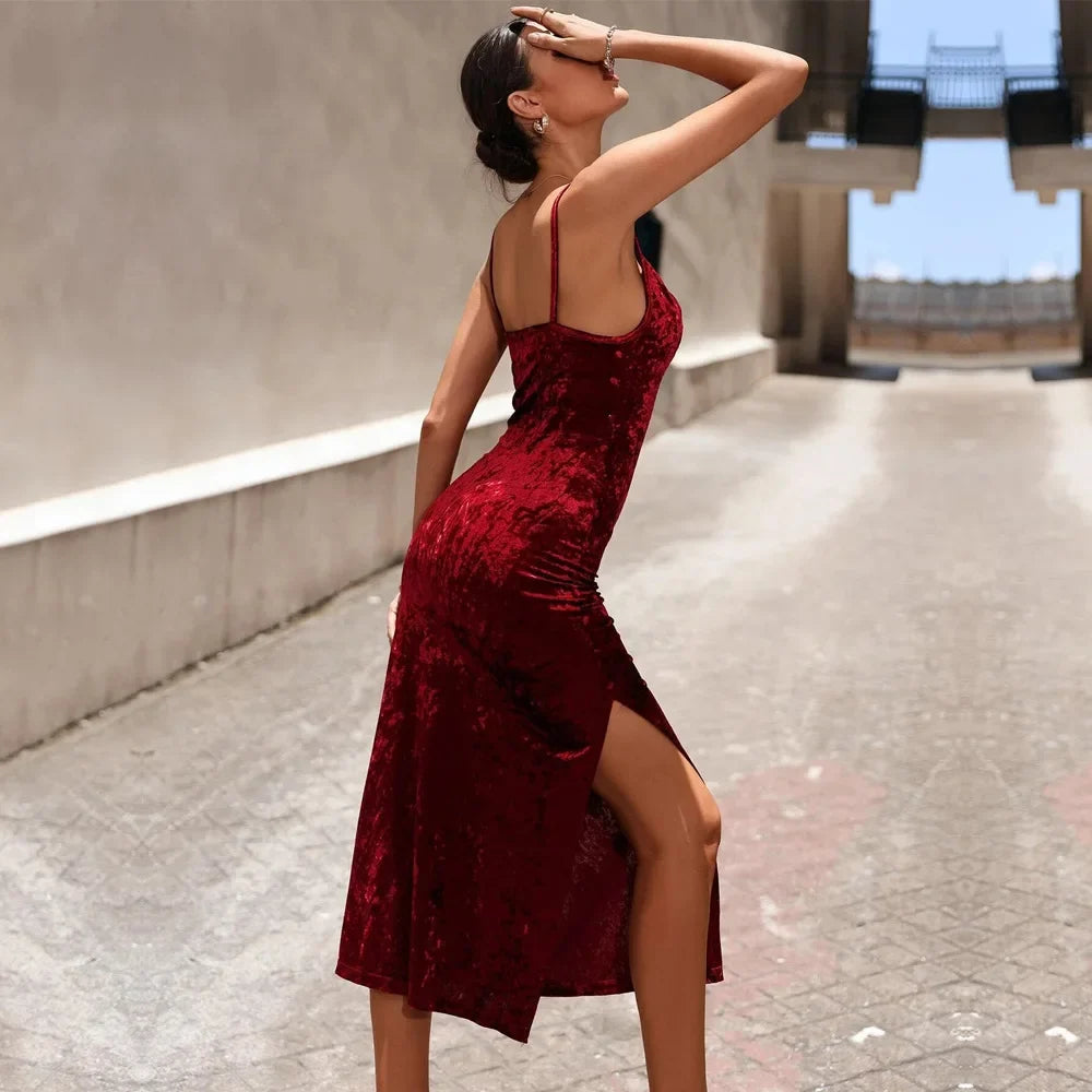 Velvet Halter High Slit Midi Dress - View 2