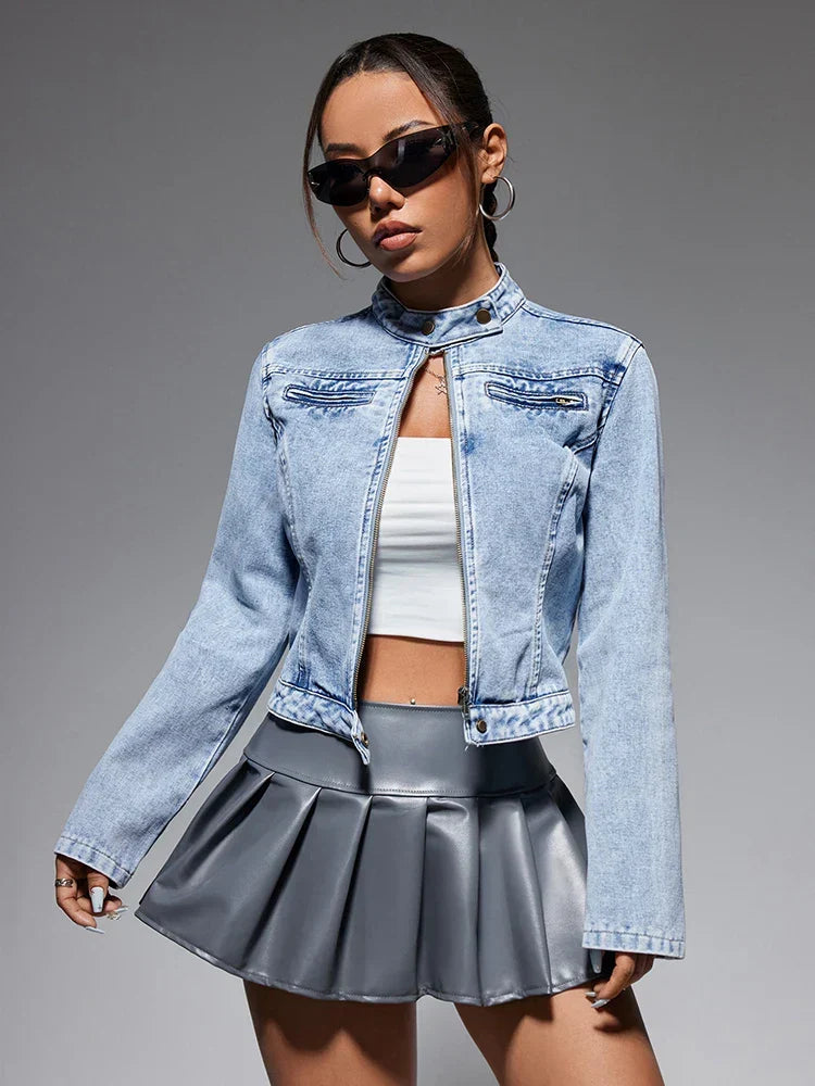 Streetwear Denim Cropped Gothic Button Ripped Bomber Long Sleeve Jacket 7