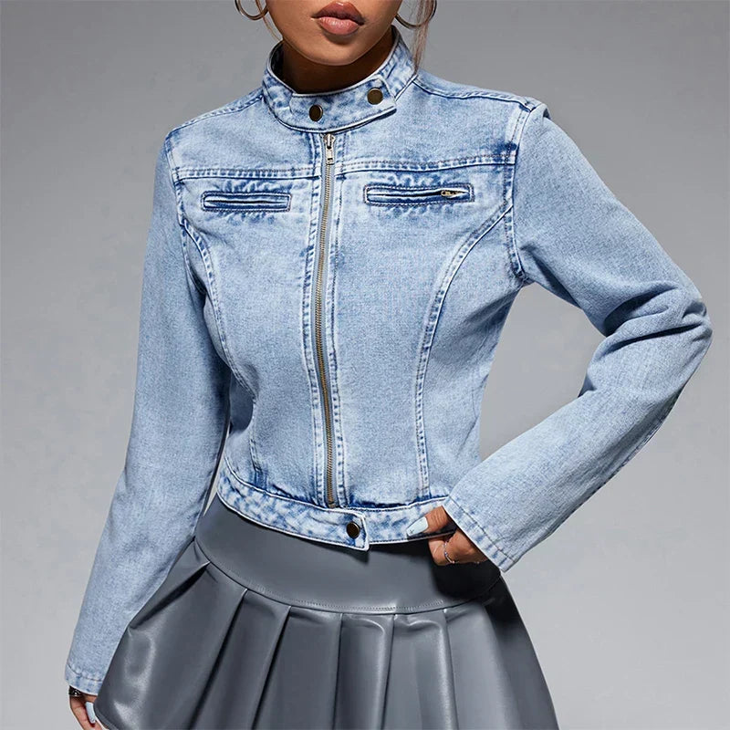 Streetwear Denim Cropped Gothic Button Ripped Bomber Long Sleeve Jacket 2