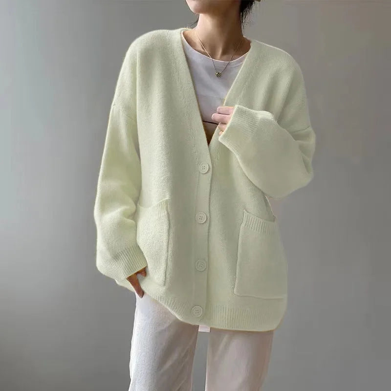 Lazy Wind Yellow Single-Breasted Knit Cardigan Beige / One Size cardiagn-250126