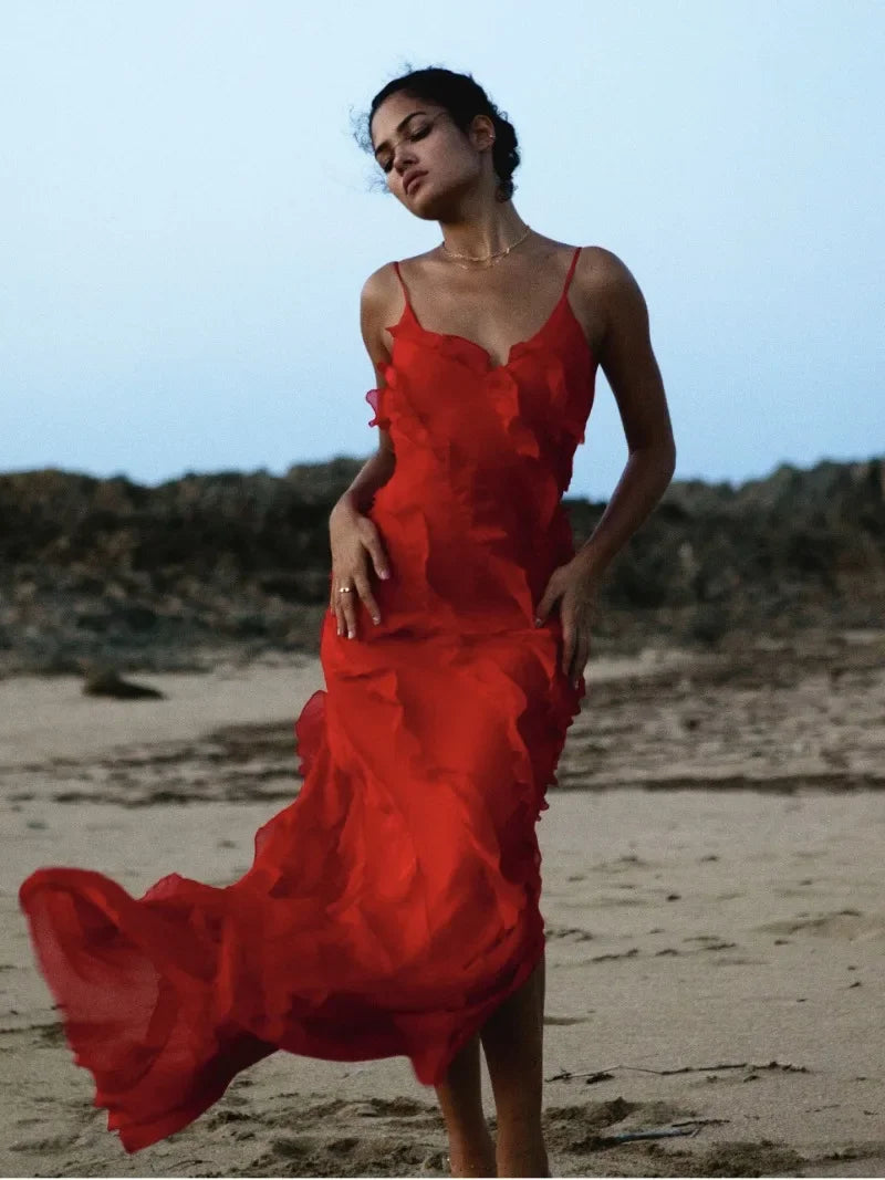 Ruffle Trim Spaghetti Strap V-Neck Chiffon Maxi Dress 3