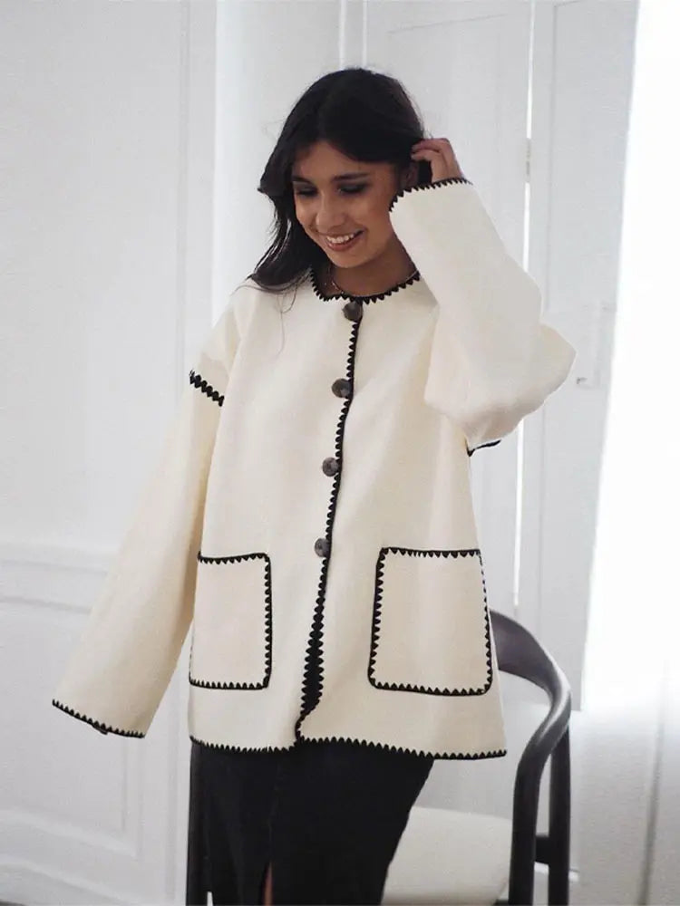 O-neck Long Sleeved Pocket Versatile Color-blocked Single Breasted Coats - Fashionpara