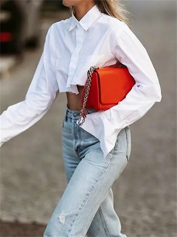 White Long Sleeve Turn Down Collar Cropped Blouse