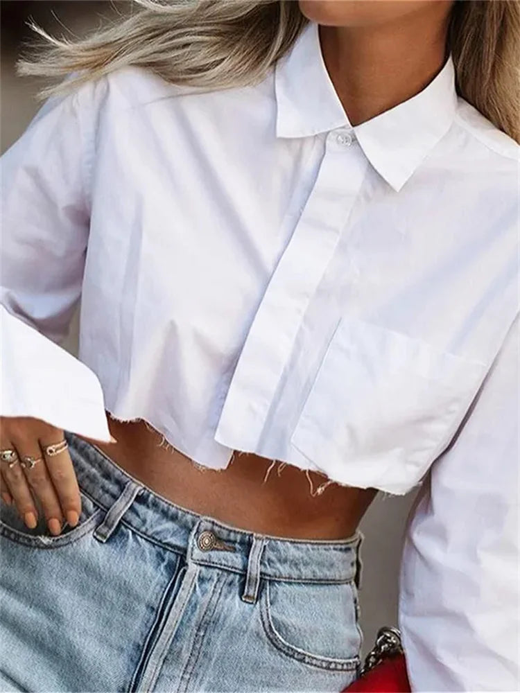 White Long Sleeve Turn Down Collar Cropped Blouse
