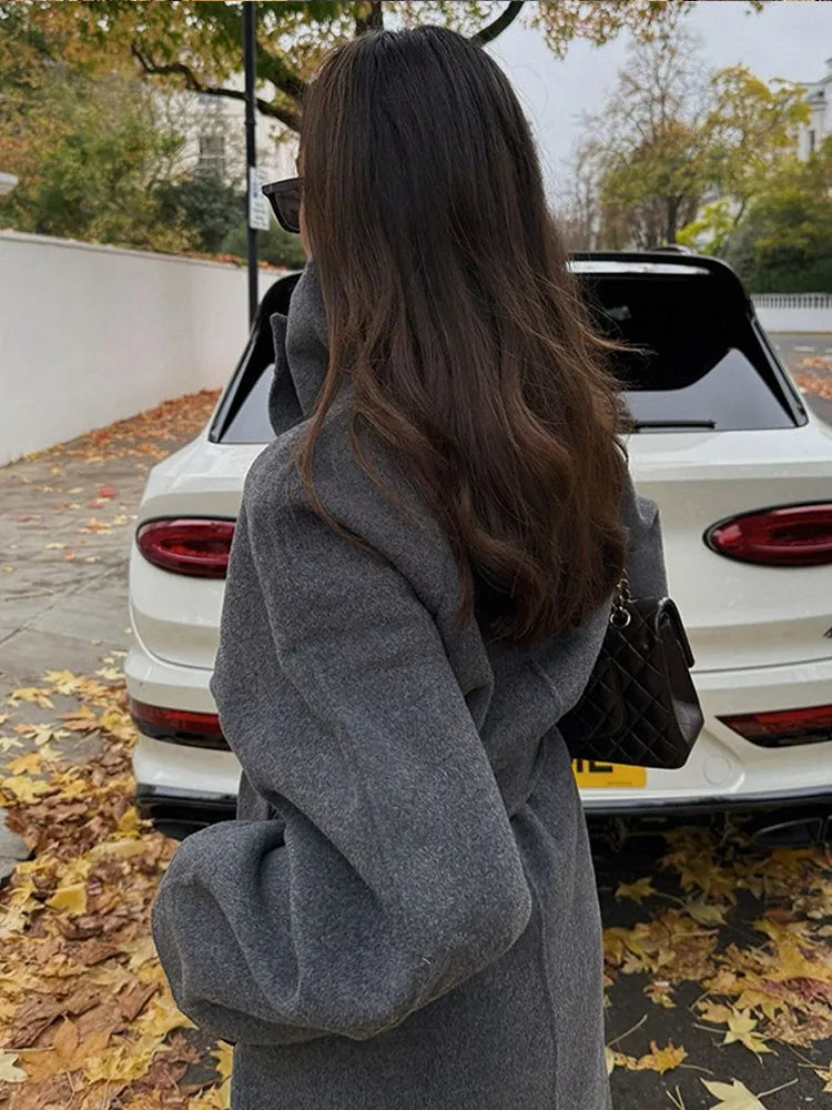 Grey High Collar Long Woolen Coat