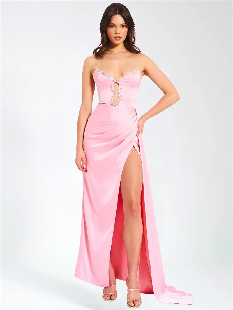 Satin Strapless Cut Out High Split Draped Maxi Gown 7