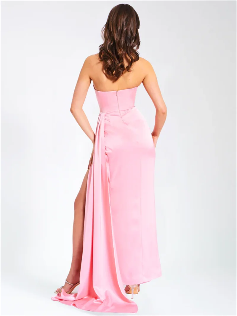 Satin Strapless Cut Out High Split Draped Maxi Gown 6
