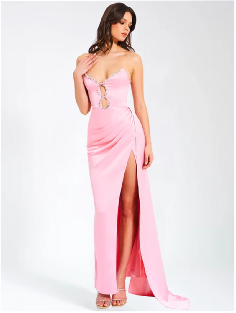 Satin Strapless Cut Out High Split Draped Maxi Gown 3