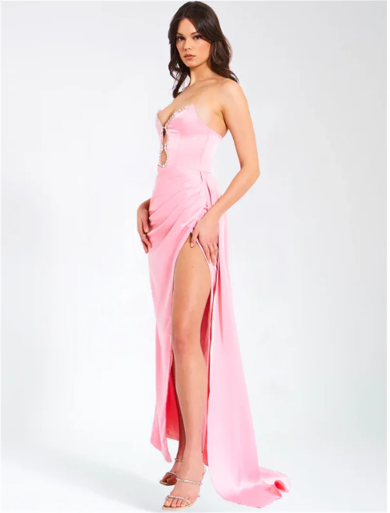 Satin Strapless Cut Out High Split Draped Maxi Gown 2