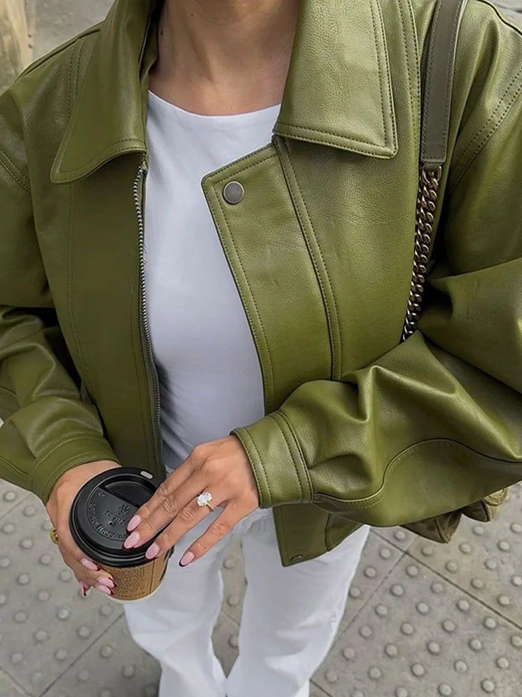 Avocado Green Single Breasted Leather Coat
