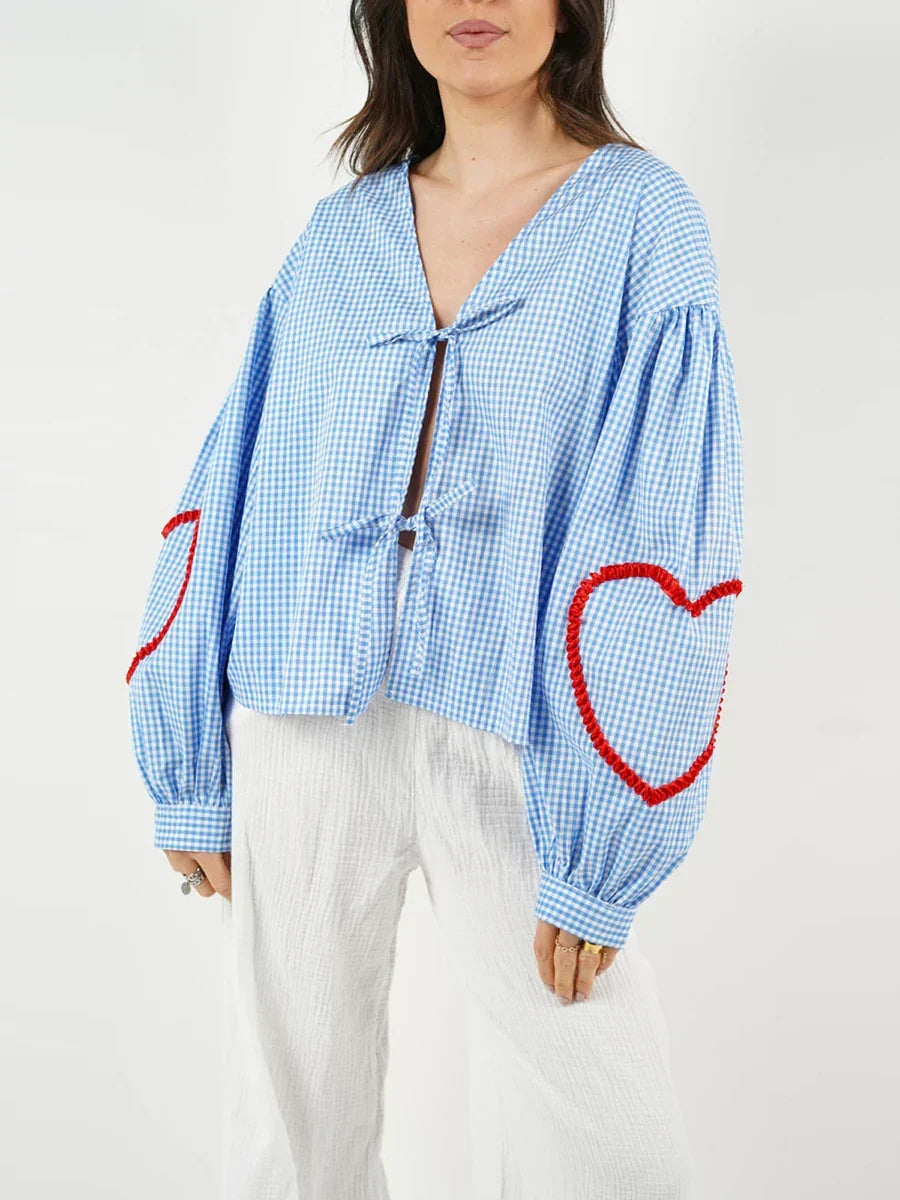Plaid Heart Trim Tie-Up Blouse Blue / S blouse-250223