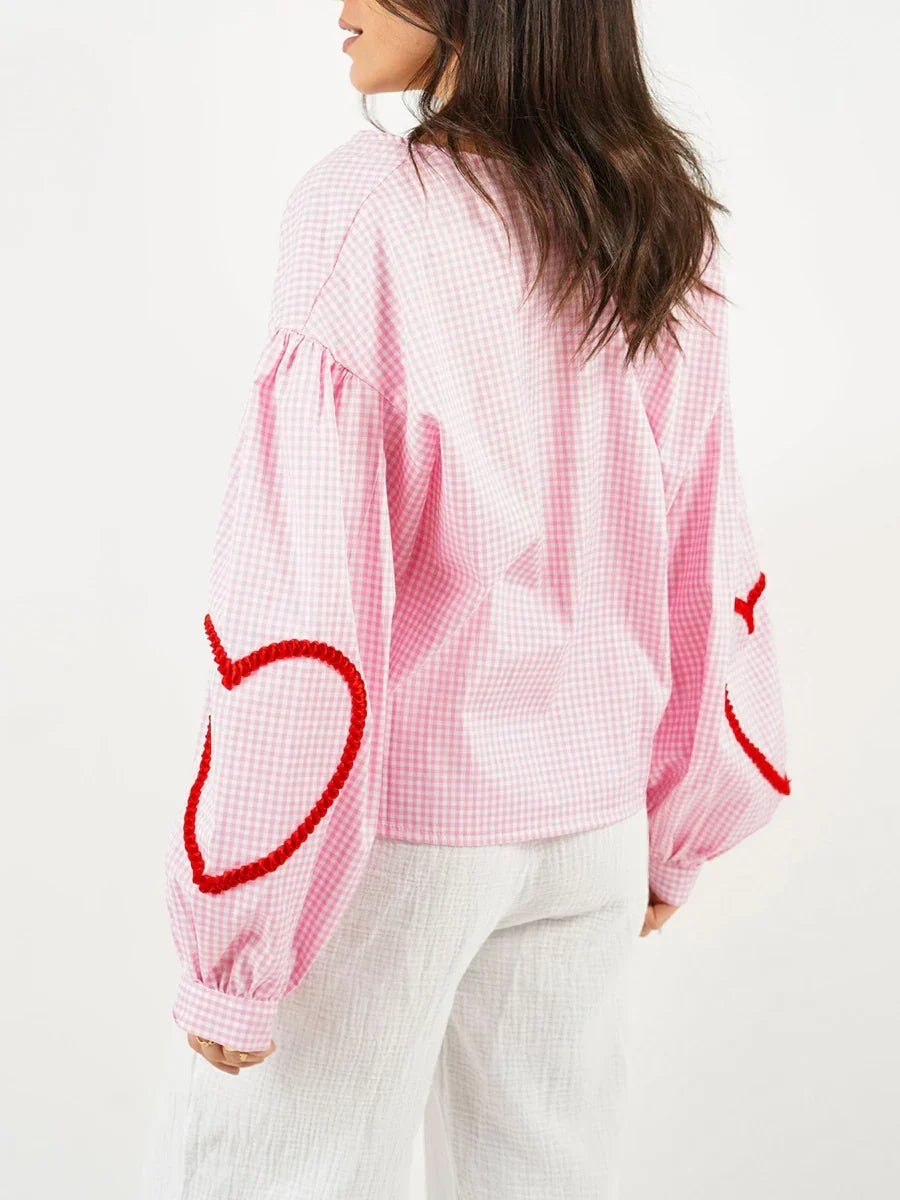 Plaid Heart Trim Tie-Up Blouse Pink / S blouse-250223