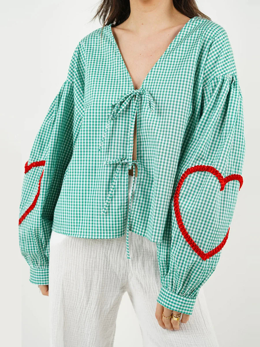 Plaid Heart Trim Tie-Up Blouse