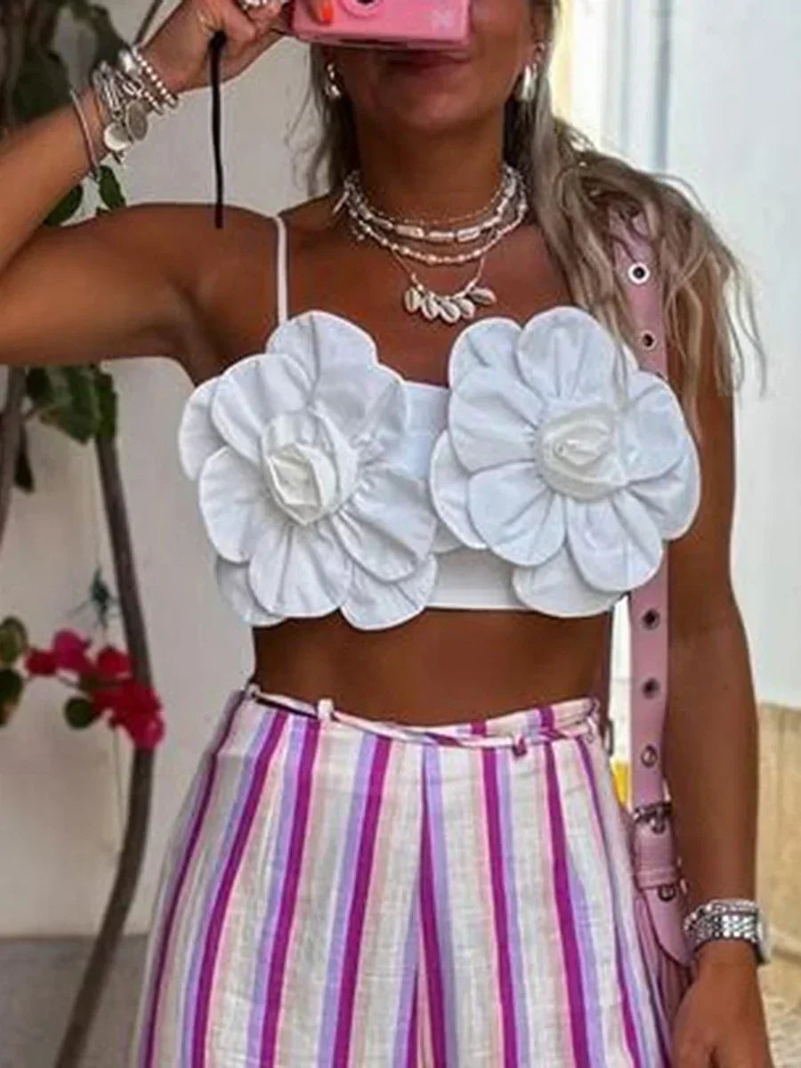 Y2K Open Back 3D Flower Sleeveless Crop Top WHITE / S croptop-250126