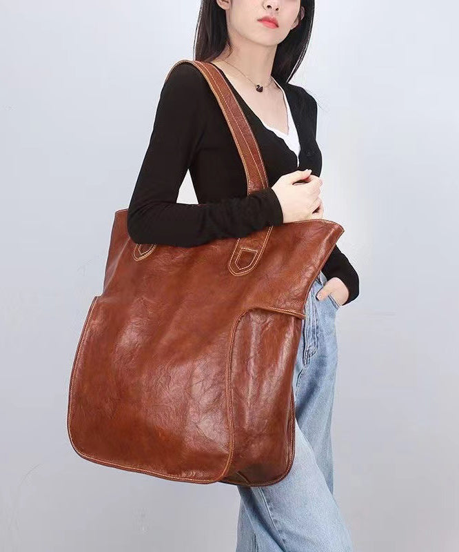 Large Capacity Brown Cowhide Satchel Bag Handbag