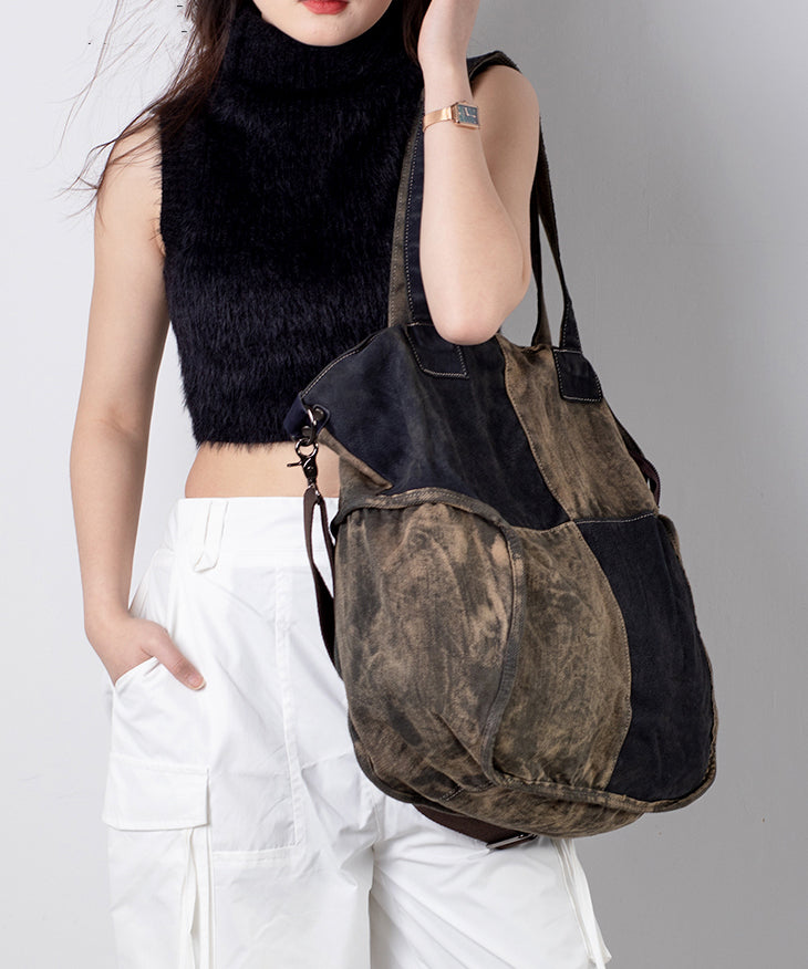 Large Capacity Calf Leather Patchwork Canvas Satchel Bag Handbag